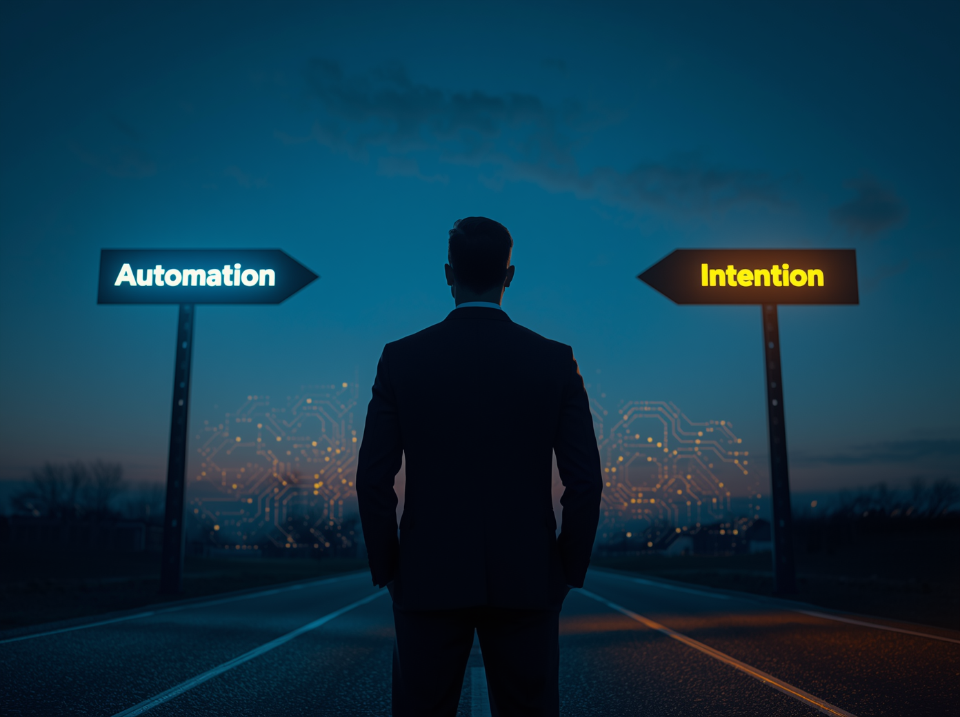 Cinematic business professional in modern suit standing at crossroads at dusk, seen from behind, two signposts labeled 'Automation' in cool blue light and 'Intention' in warm golden light, subtle AI digital circuit.jpg